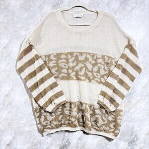 Boho Animal Print Striped Women Sweater Sz M Loose Fit Cozy Open Knit Beige Tan